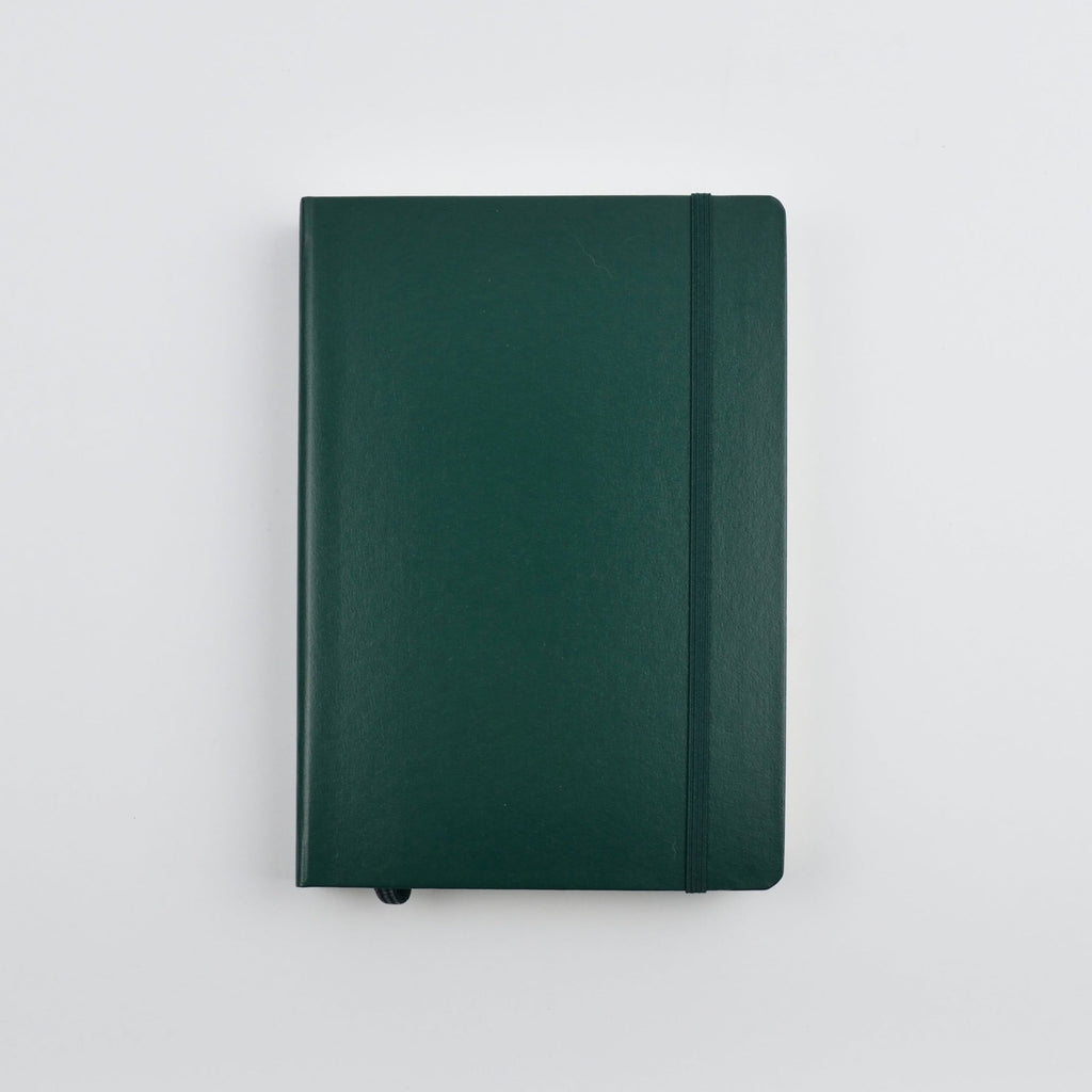 Green notebook on a white surface