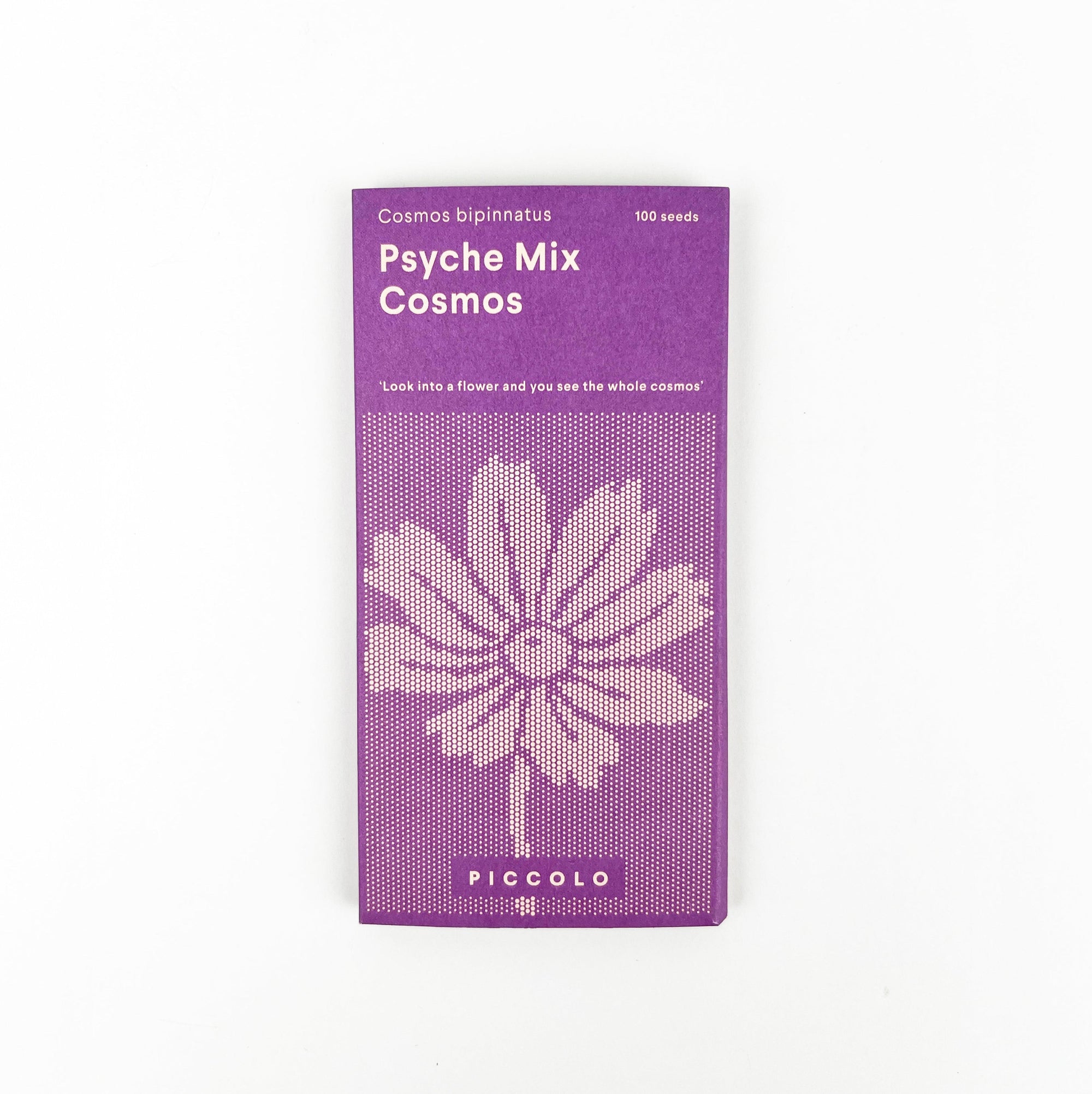 Seed packet titled 'Psyche Mix Cosmos' with a flower design on a white background