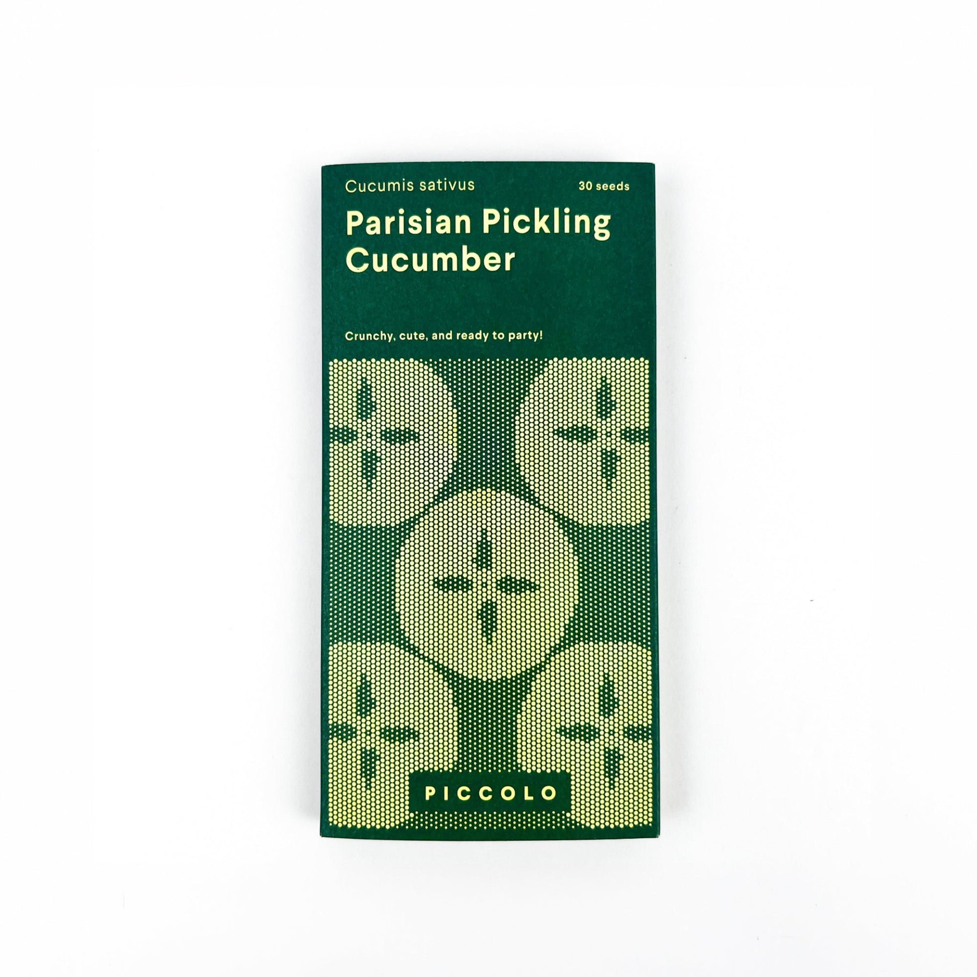 Packaging of Piccolo Parisian Pickling Cucumber seeds with green and yellow design on a white background