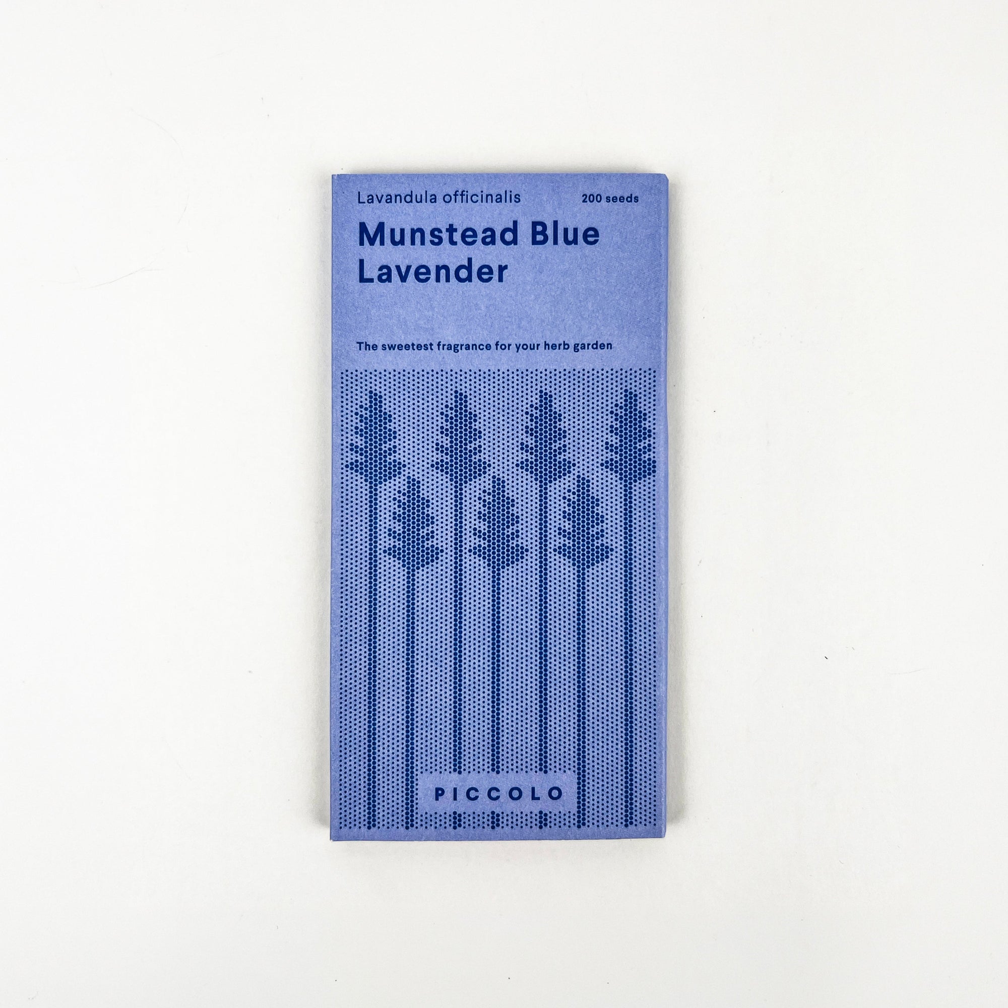 Blue packaging of Munstead Blue Lavender on a white background