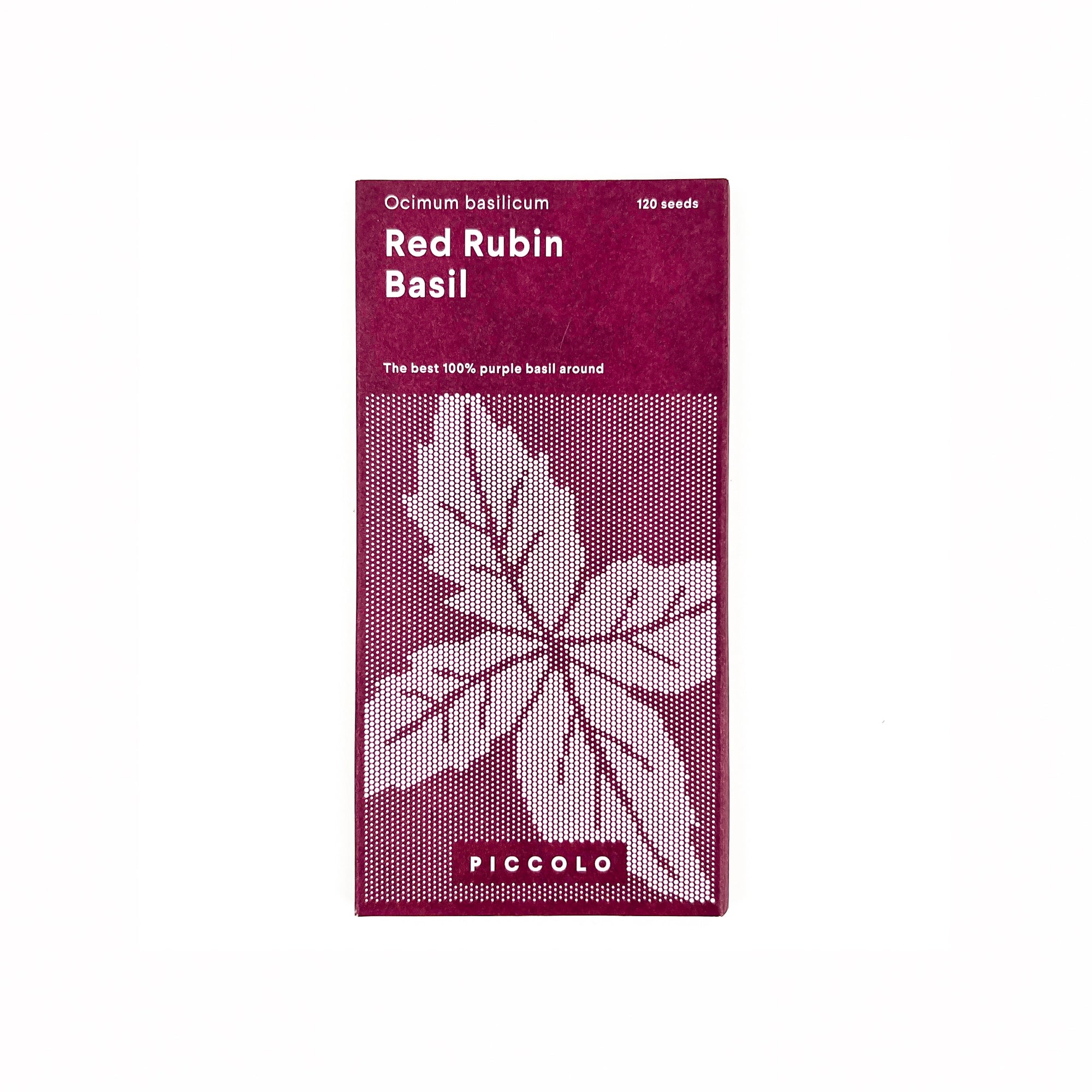 Red Rubin Basil seed packet with leaf design on a white background