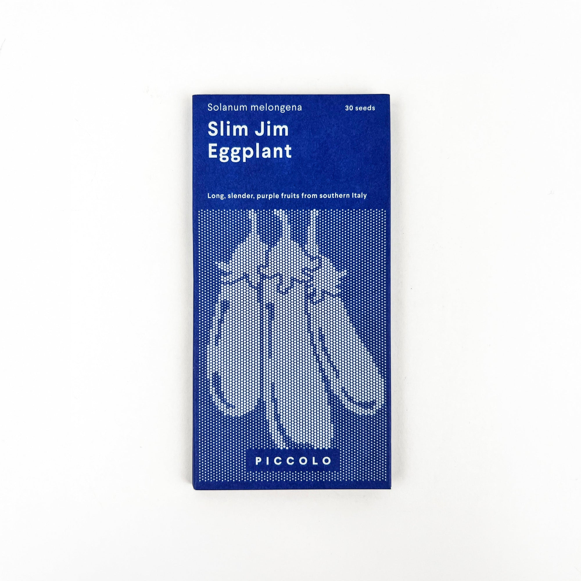 Seed packet for Slim Jim Eggplant on a white background