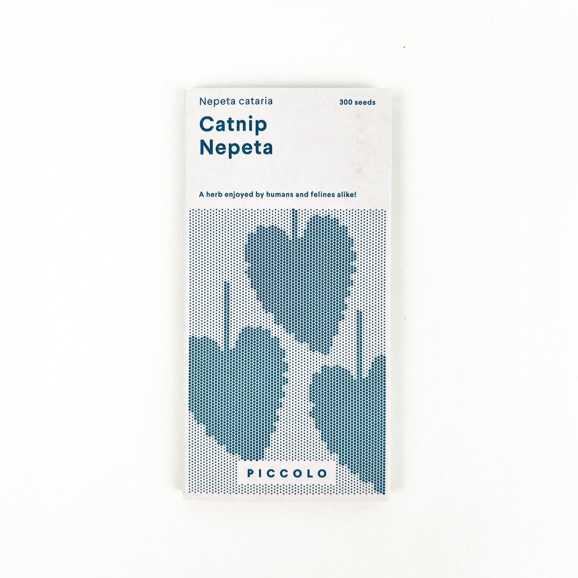 Seeds packet for Catnip Nepeta with blue leaf design on a white background