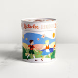 Leckerlee cookie tin with illustration of two children and a pig on a white background