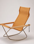 A camel canvas rocking chair with a steel frame and solid beechwood handles.