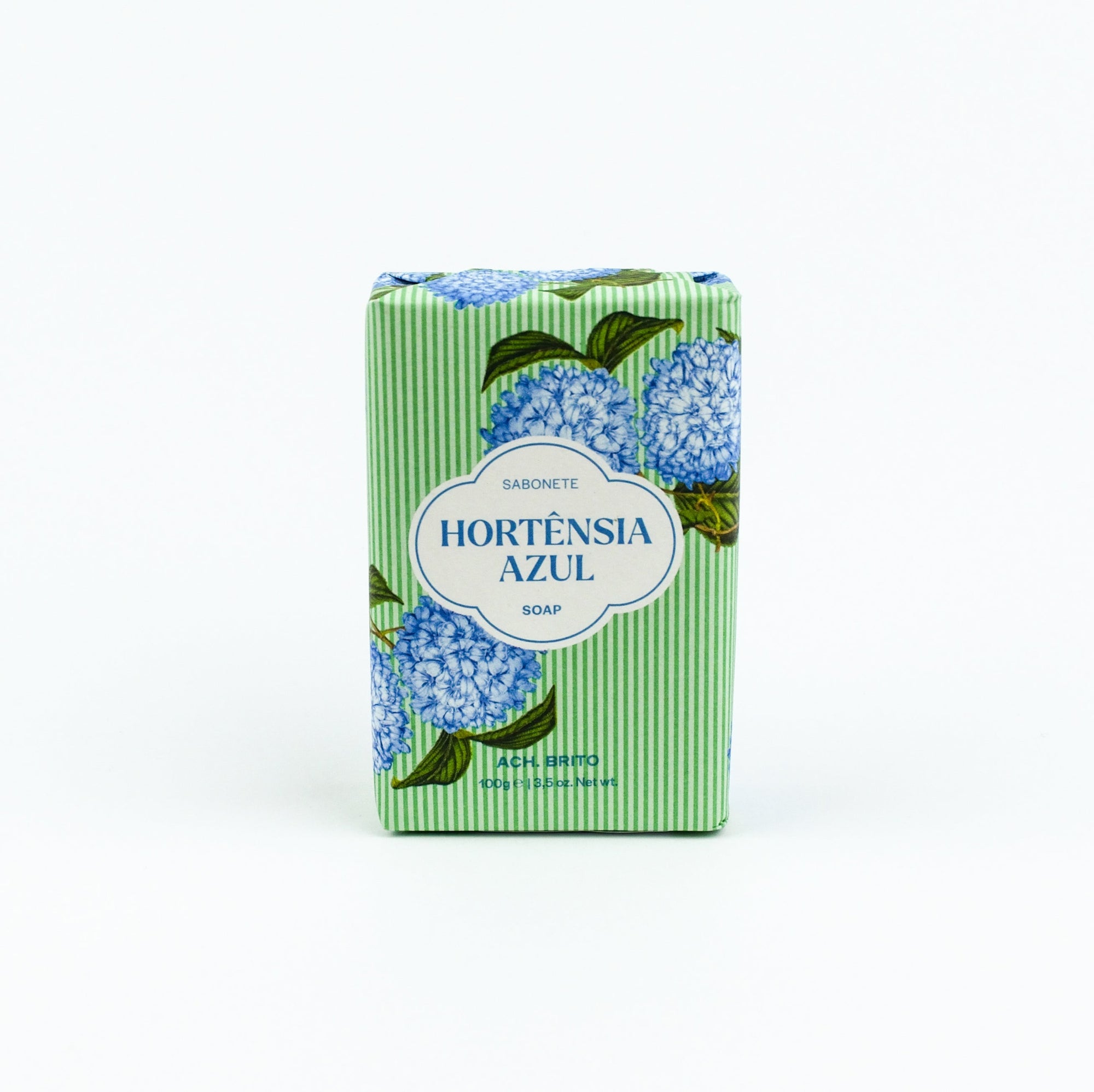 Box of Hortensia Azul soap with blue flowers and green stripes on a white background
