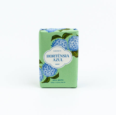 Box of Hortensia Azul soap with blue flowers and green stripes on a white background