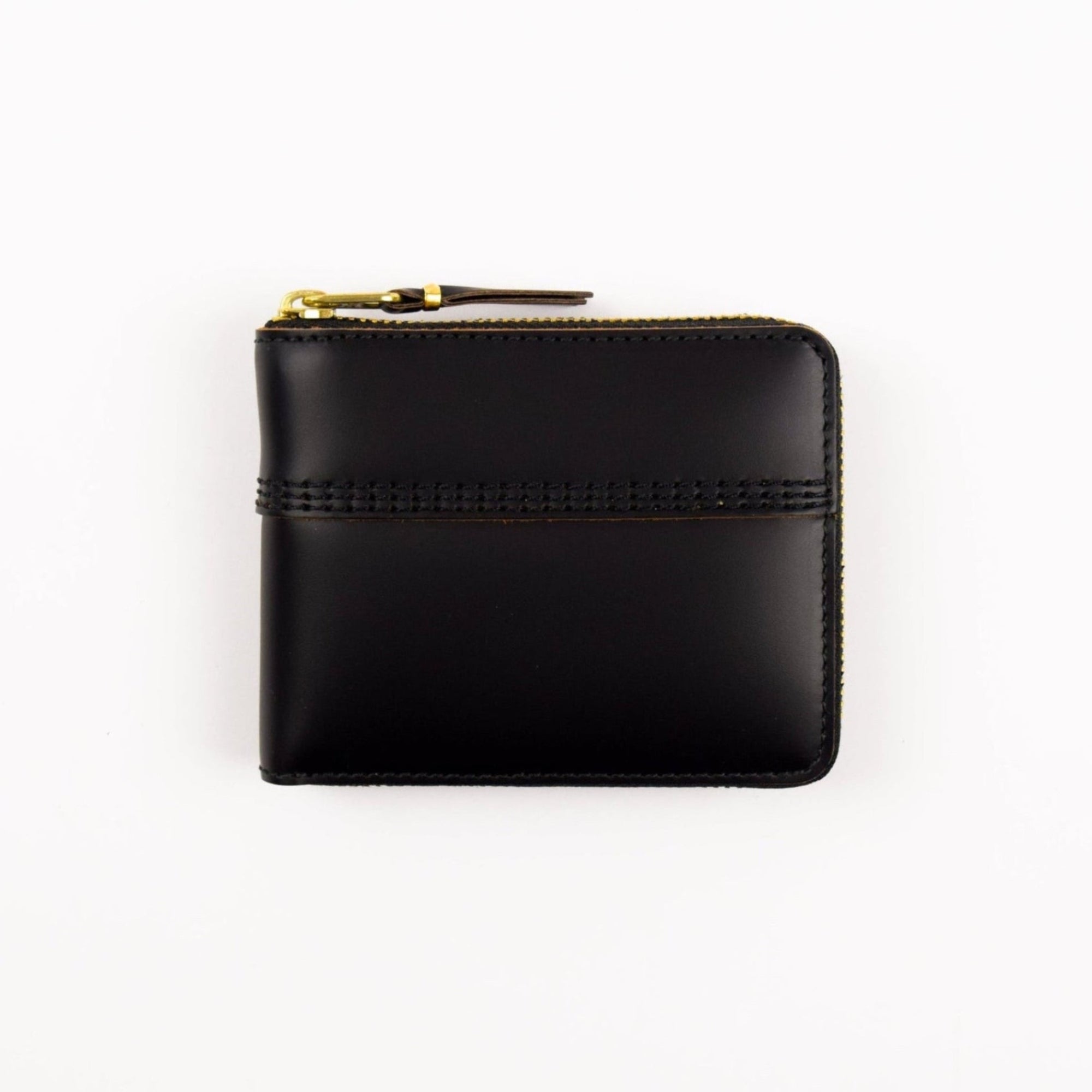 Black leather wallet with gold zipper on a white background
