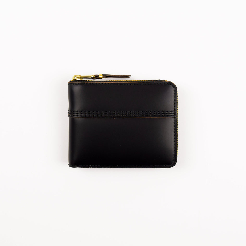 Black leather wallet with gold zipper on a white background