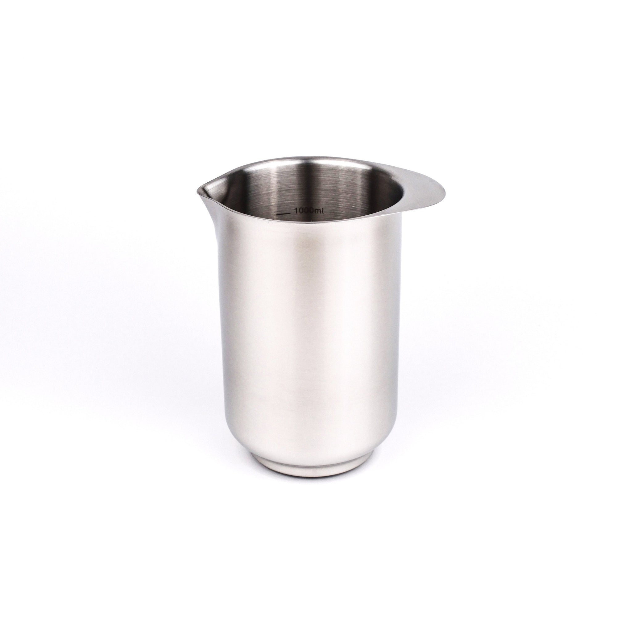 A stainless steel pouring pitcher with a wide, slightly flared rim and a small pouring spout, shown on a plain white background.