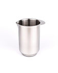 A stainless steel pouring pitcher with a wide, slightly flared rim and a small pouring spout, shown on a plain white background.