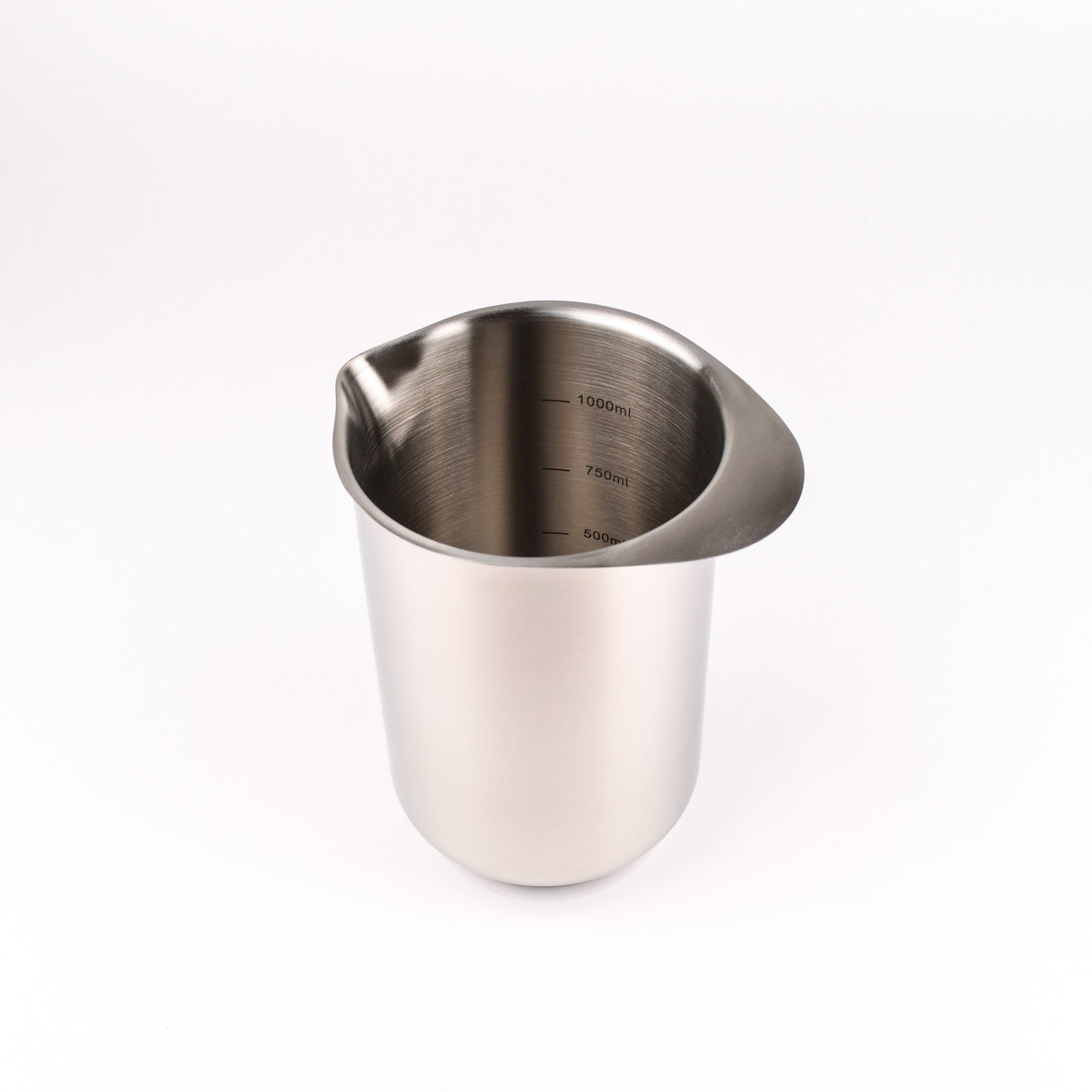 A stainless steel pouring cup with measurement markings, shown on a clean white background.