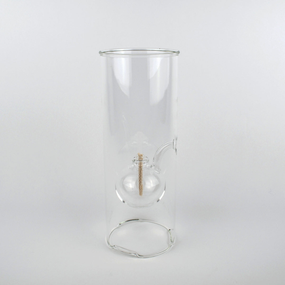 A clear glass cylinder with a spherical bubble chamber insert and a small side port, photographed against a plain light gray studio background.