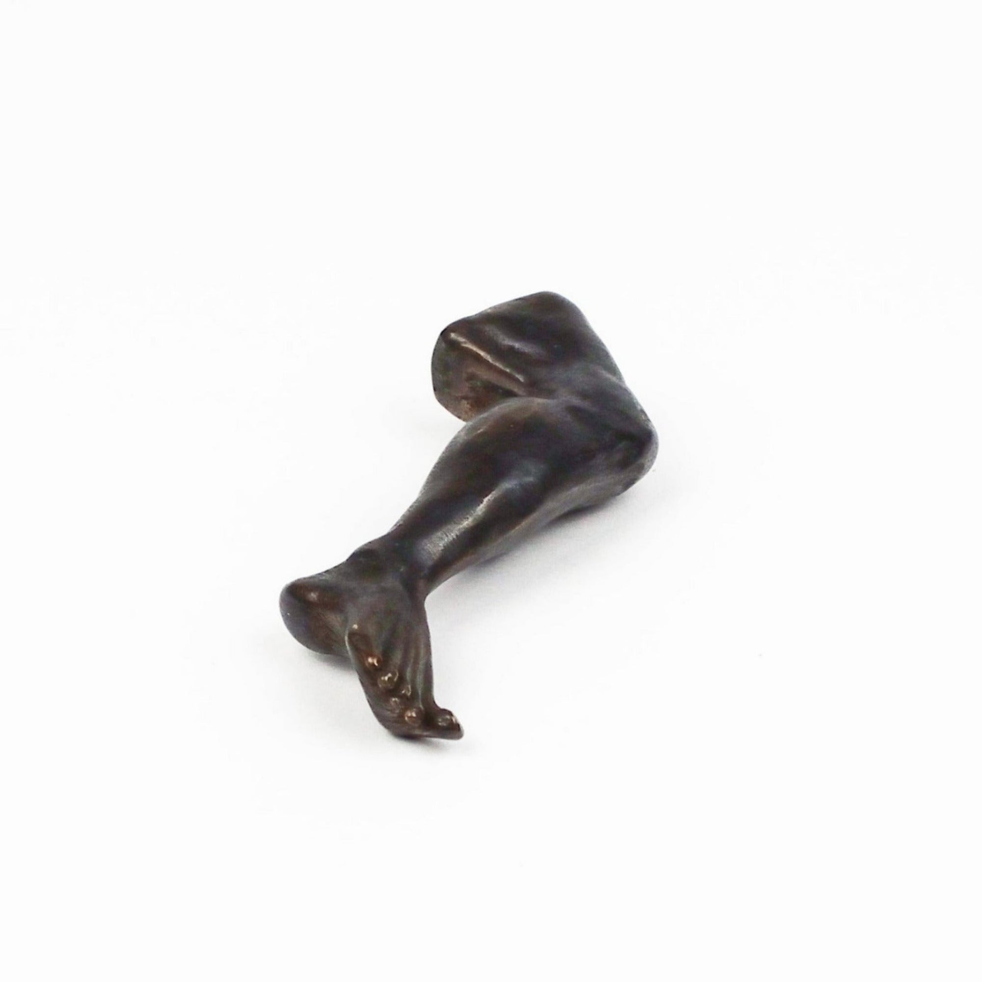 Bronze sculpture of a human figure's leg on a white background
