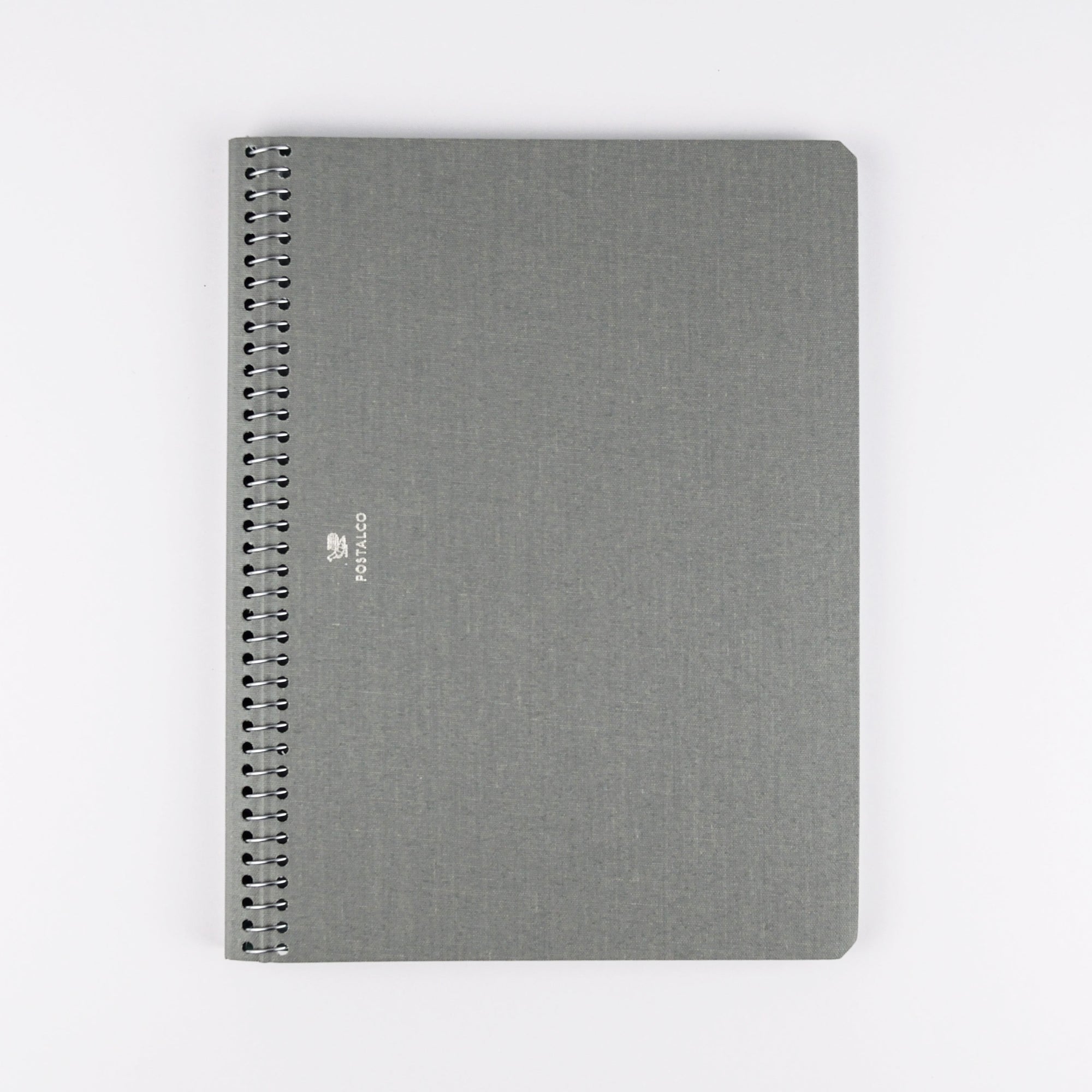 Gray spiral-bound notebook on a white background