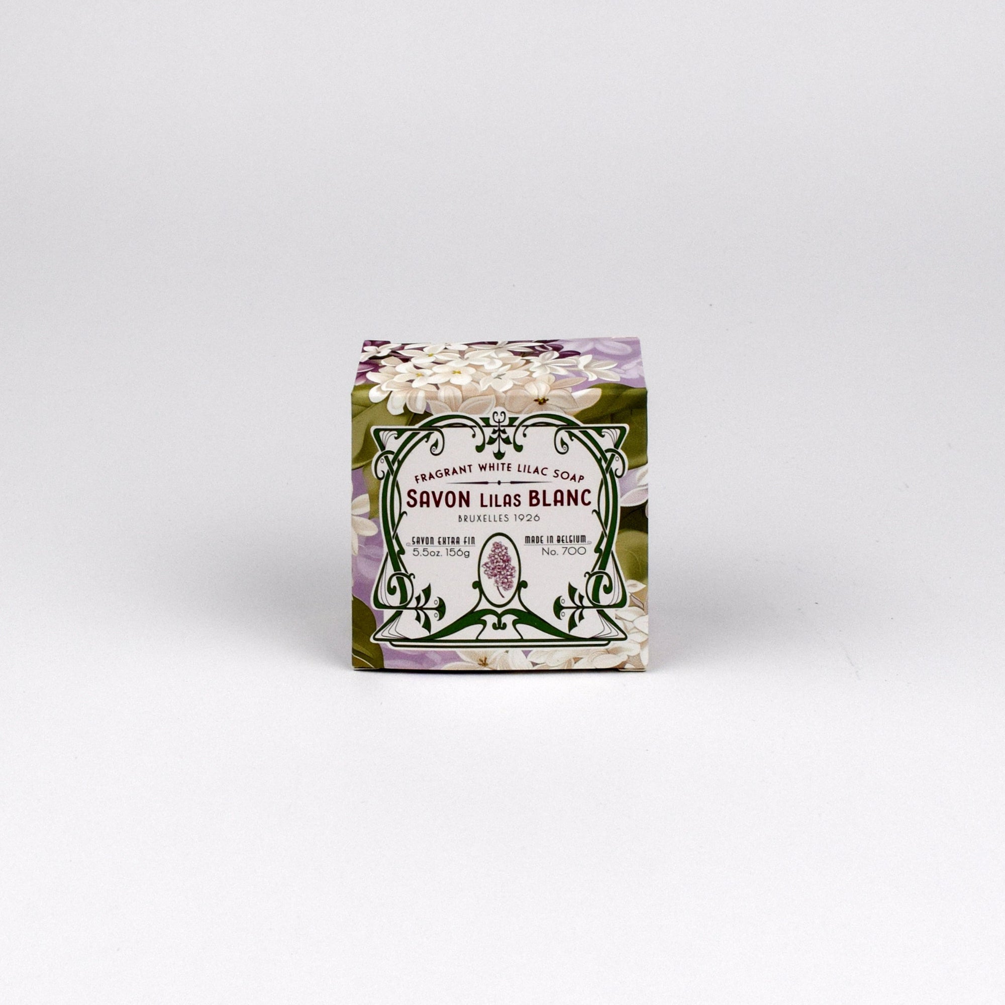 Box of Savon Lilas Blanc soap on a white background