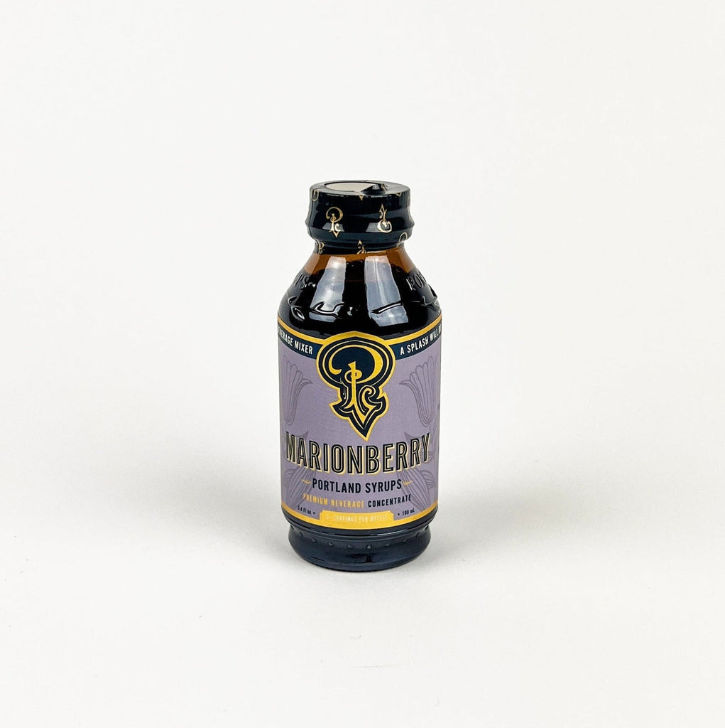 Bottle of Marionberry syrup on a white background