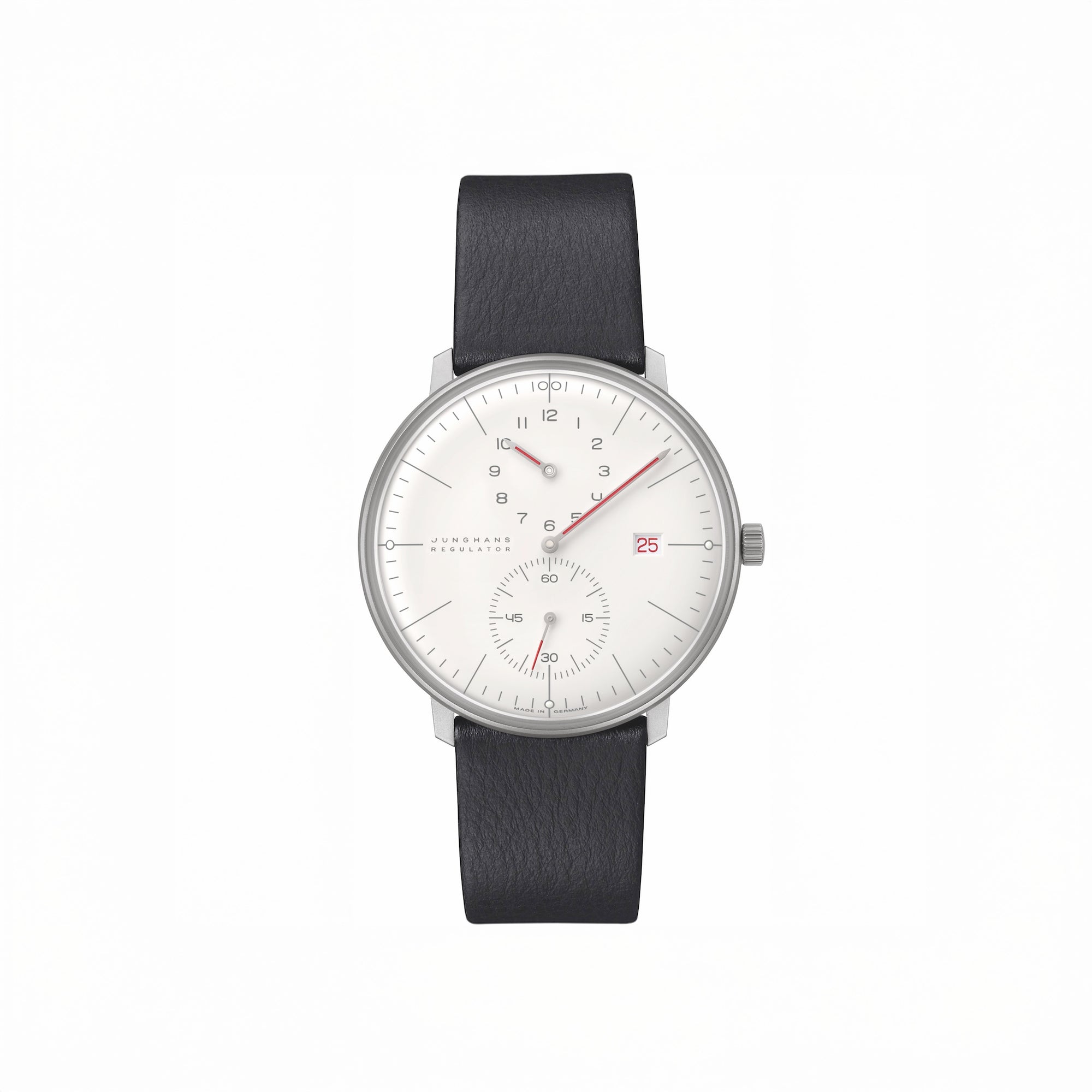 Wristwatch with black strap and white face on a white background