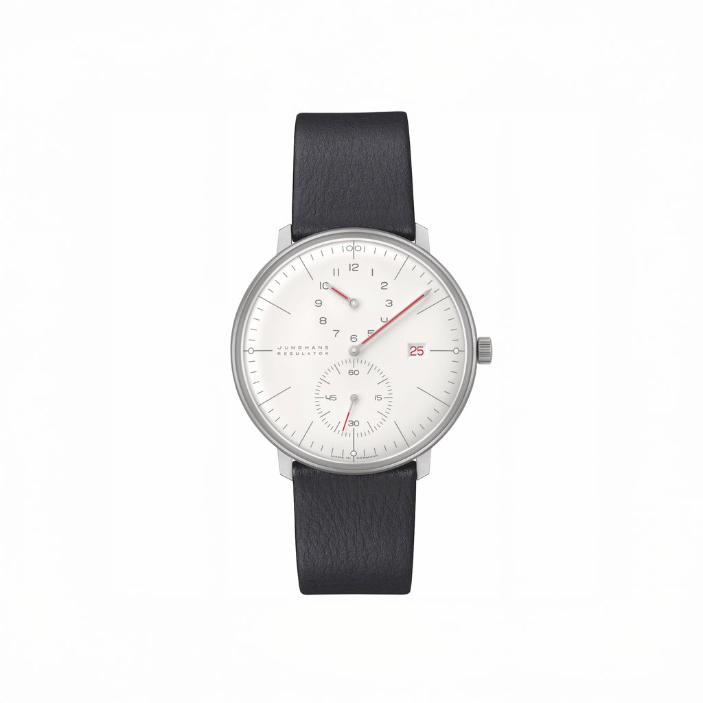 Wristwatch with black strap and white face on a white background