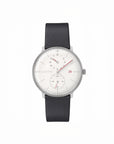 Wristwatch with black strap and white face on a white background