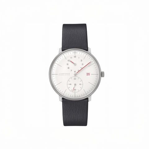 Wristwatch with black strap and white face on a white background