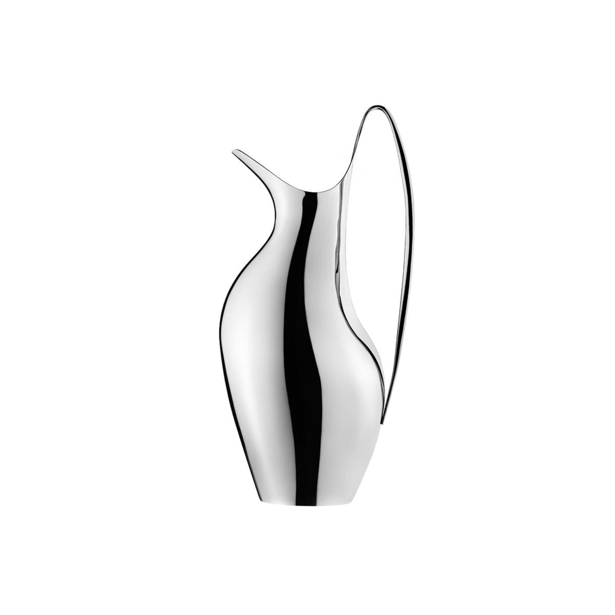 A modern, sculptural metallic pitcher with a highly reflective silver finish, featuring a unique asymmetrical handle and spout design, set against a solid white background.