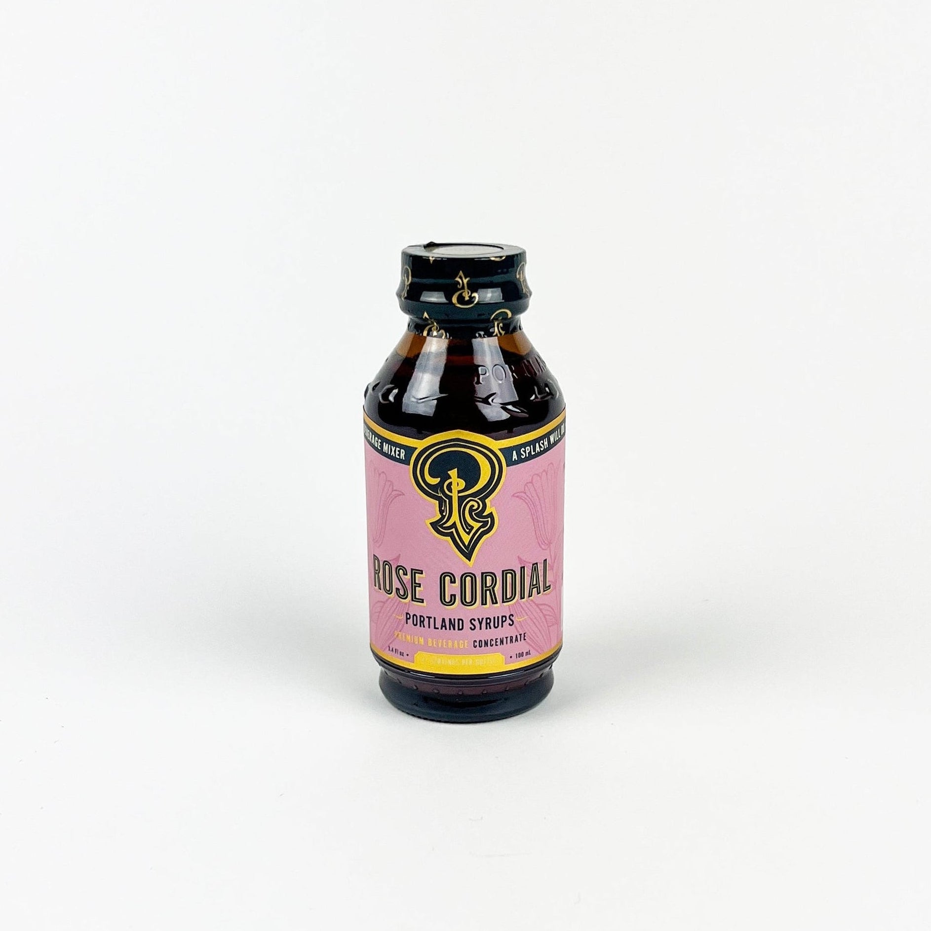 Bottle of Rose Cordial on a white background