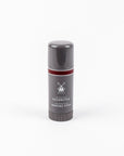 Shaving stick with gray and red design on a white background