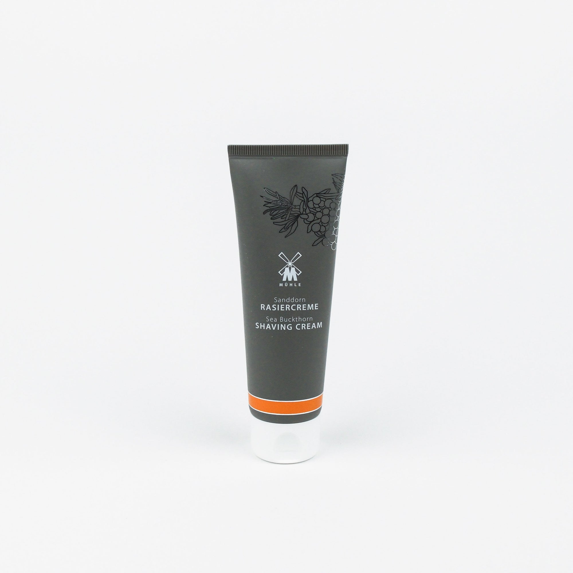 Shaving cream tube with branding on a white background
