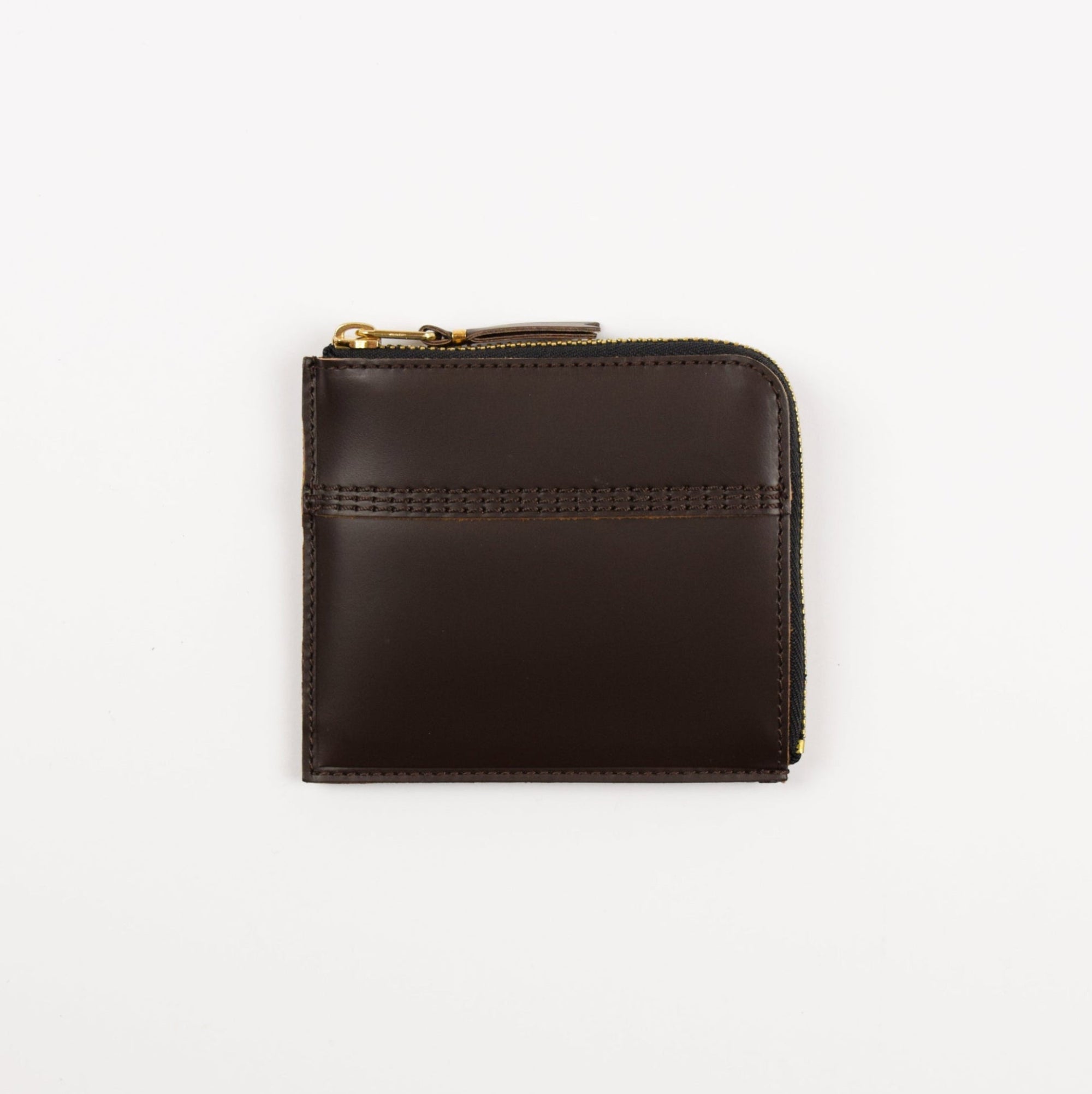 Brown leather wallet with a zipper on a white background