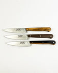 Four steak knives with wooden handles on a white background