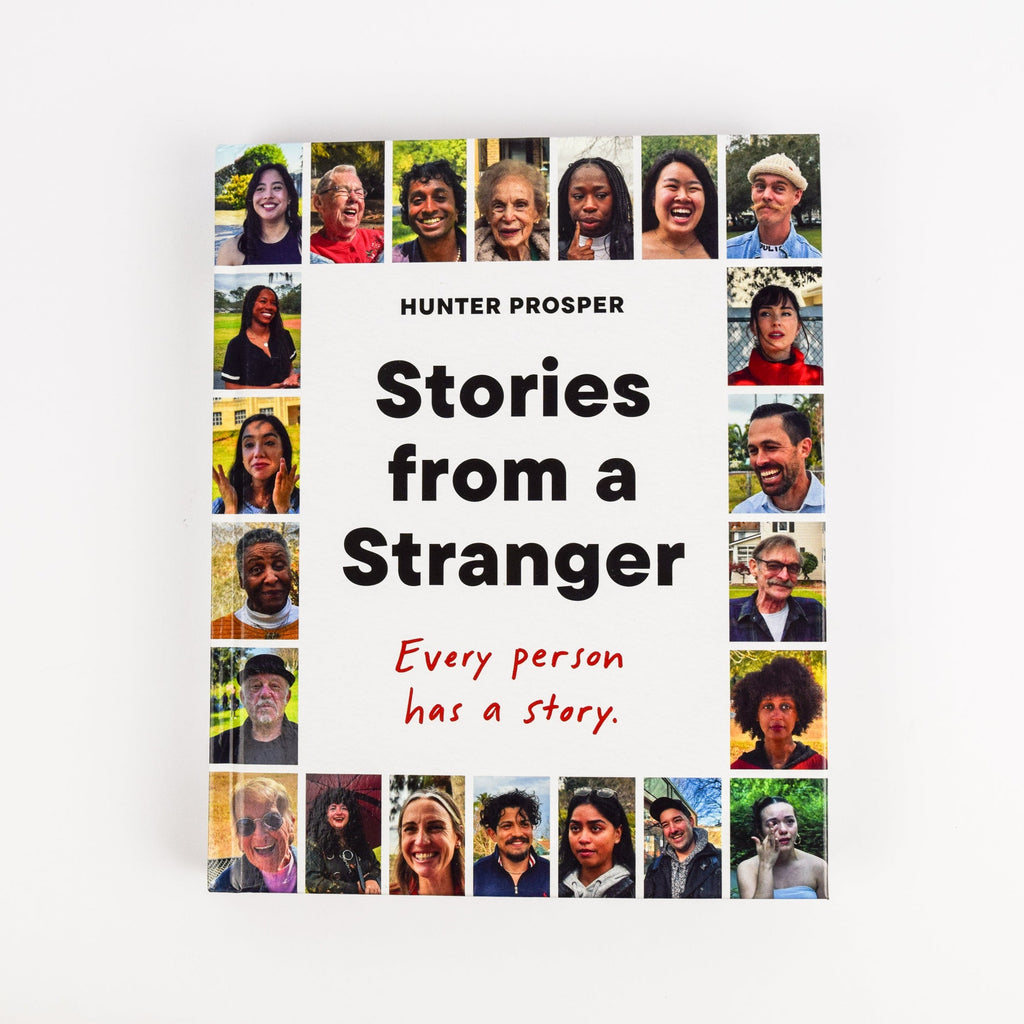 Book cover titled 'Stories from a Stranger' by Hunter Prosper with portraits of people on the cover.