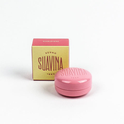 Pink container with 'SUAVINA' branding on a white background