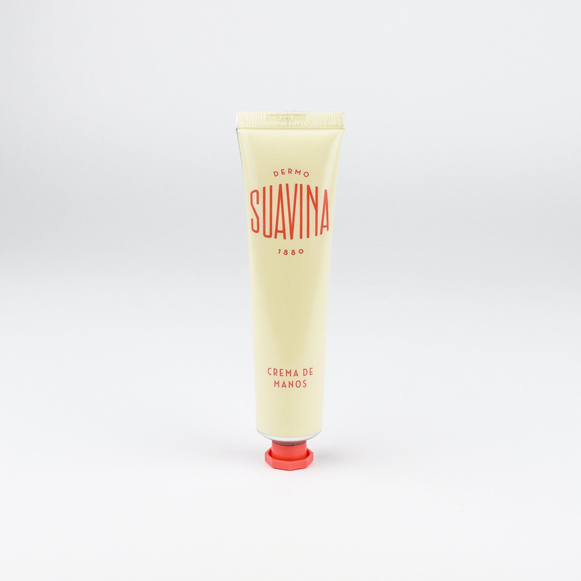 Hand cream tube labeled 'Suavina' on a white background