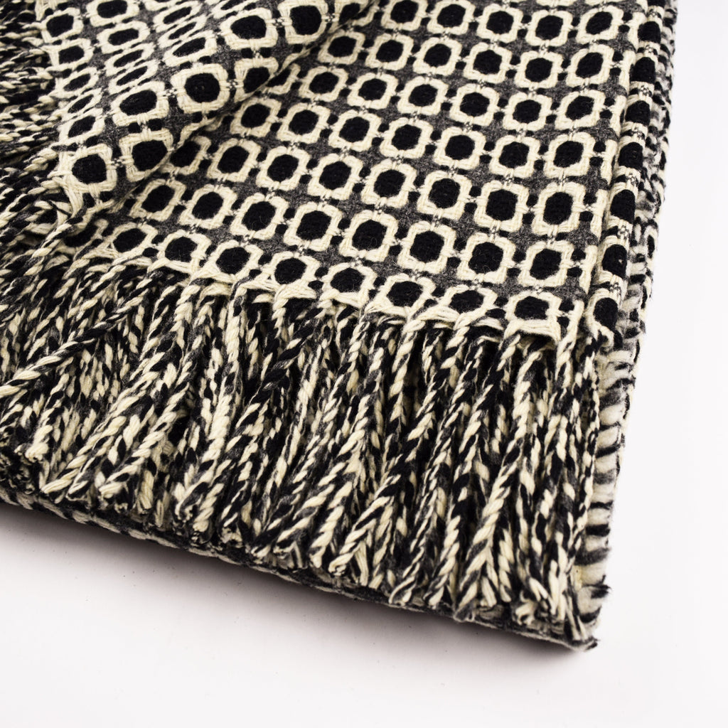 Close-up of a textured fabric with geometric pattern on a white background