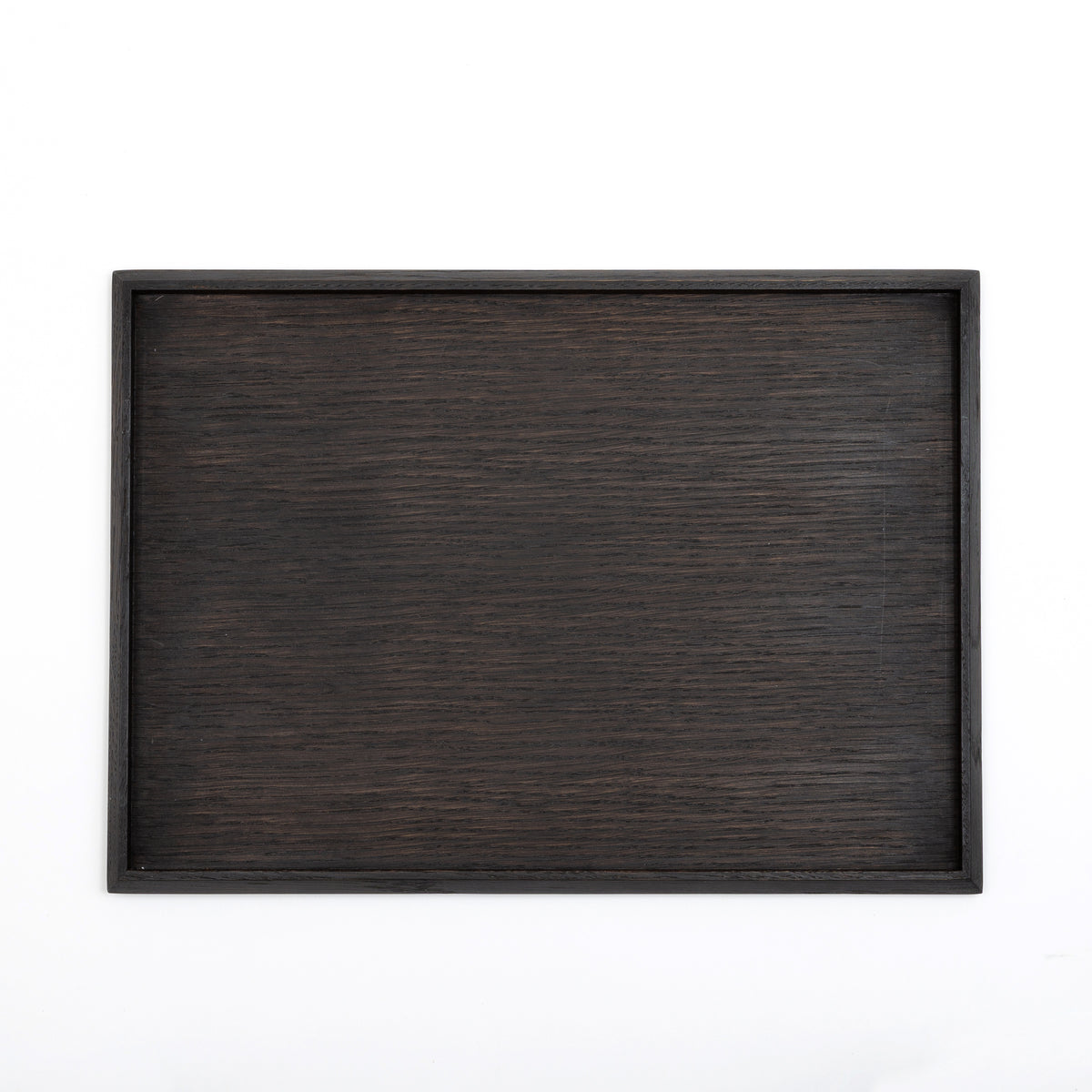 A rectangular beveled hardwood tray with visible wood grain on a white background.