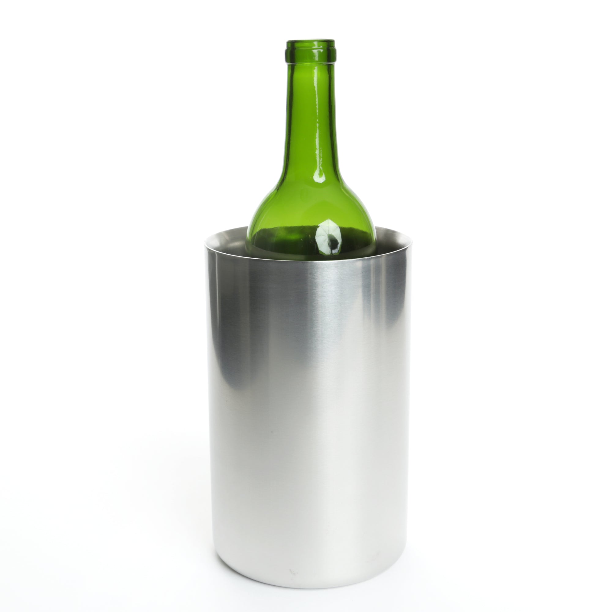 A stainless steel double walled wine cooler with a green wine bottle inserted into it.
