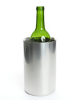 A stainless steel double walled wine cooler with a green wine bottle inserted into it.