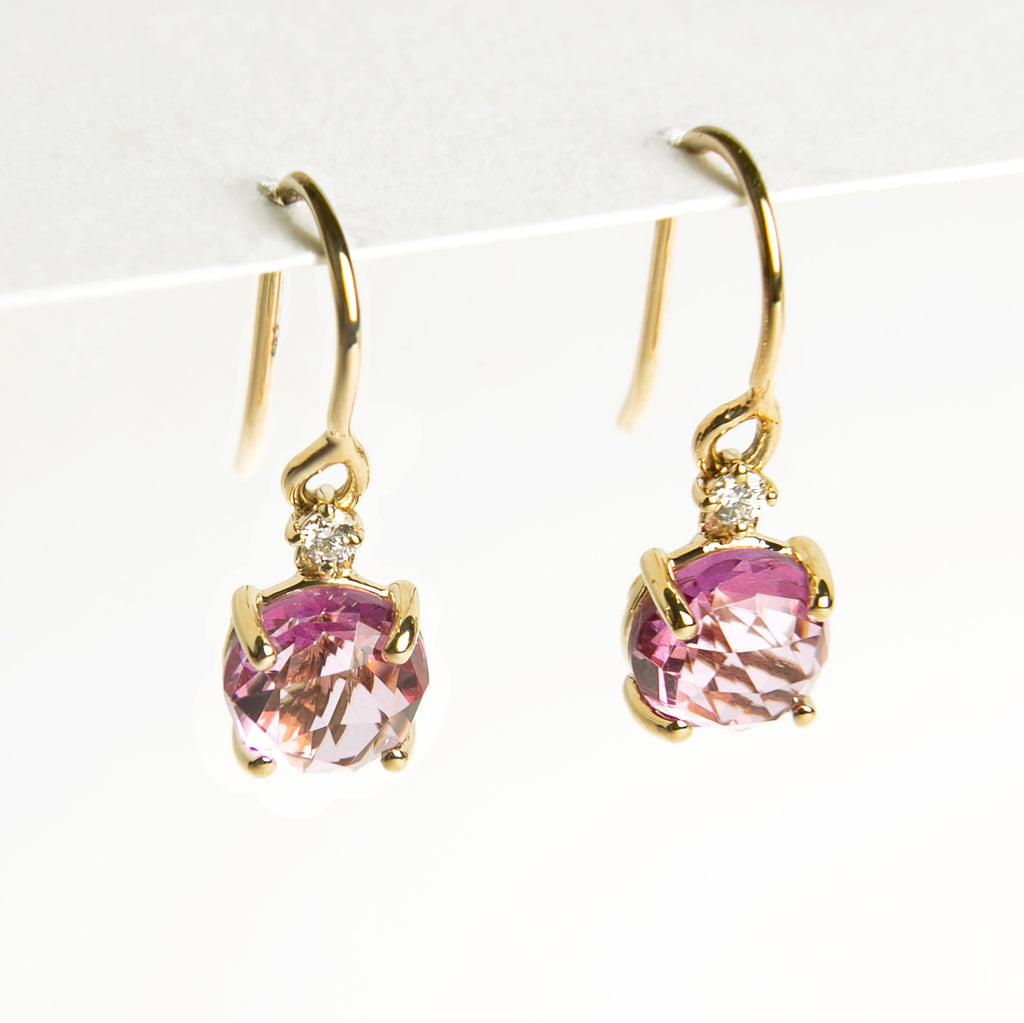 Suzanne Kalan - 14K Gold Round Drop Earrings with Diamond - Pink Topaz