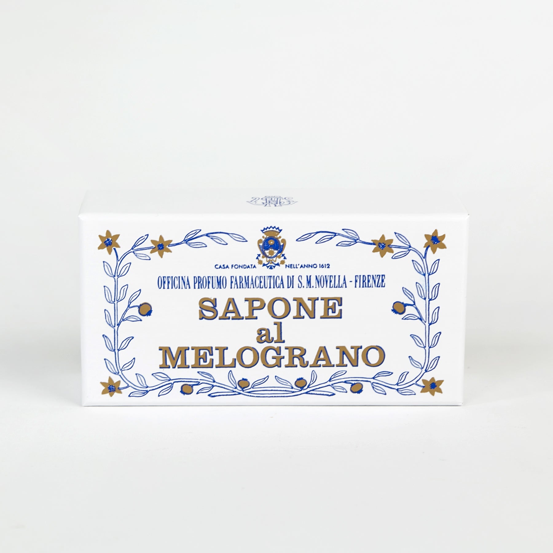 A packaged Santa Maria Novella Pomegranate Bath Bar with decorative floral and pomegranate graphics.
